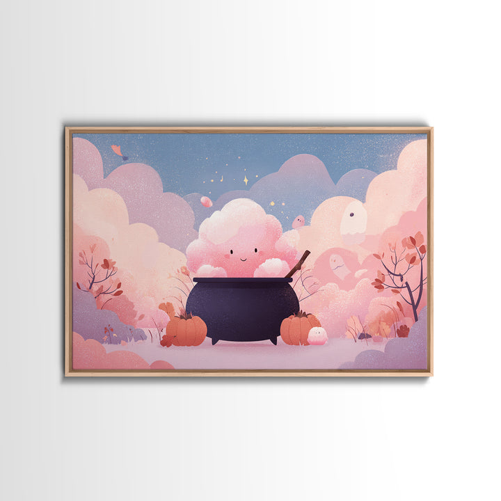 The Cotton-Candy Cauldron, Vector Halloween Art, Landscape Wall Art, Framed Canvas Print, Cute Halloween Wall Art