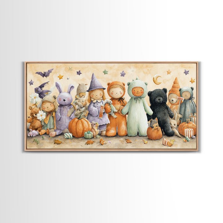 The Halloween Toy Kingdom, Watercolor Halloween Art, Wide Panoramic Art, Framed Canvas Print, Cute Halloween Wall Art