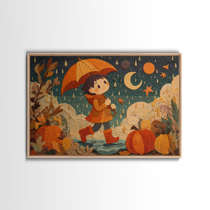The Pumpkin Umbrella, Paper Collage Halloween, Landscape Wall Art, Framed Canvas Print, Cute Halloween Wall Art, Storybook Decor