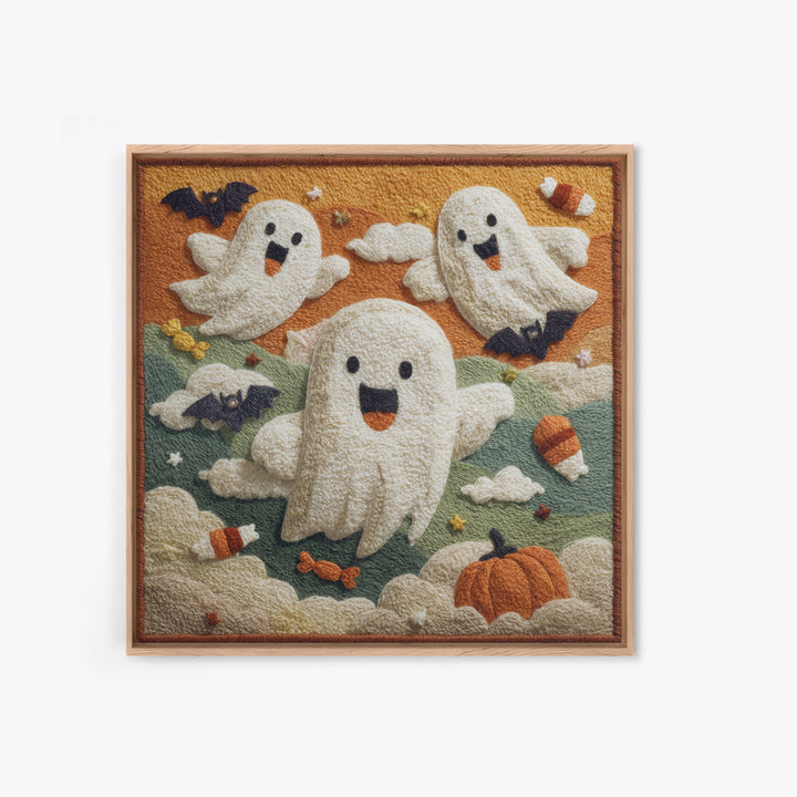 The Ghost Kite Festival, Felt Halloween Art, Square Wall Art, Canvas Print, Cute Halloween Wall Art, Halloween Kids Decor