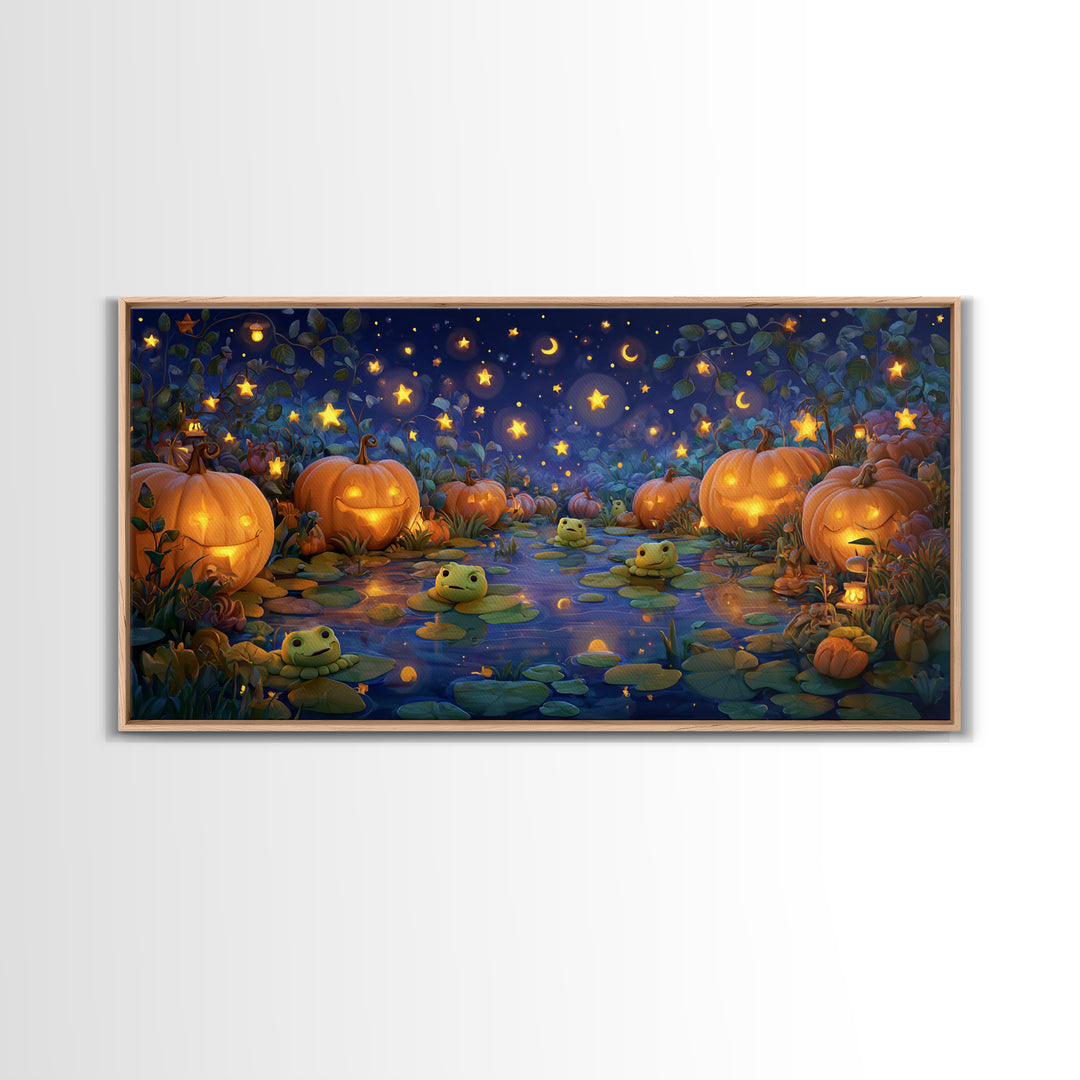 The Star-Filled Pumpkin Pond, Clay Halloween Art, Wide Panoramic Art, Framed Canvas Print, Cute Halloween Wall Art