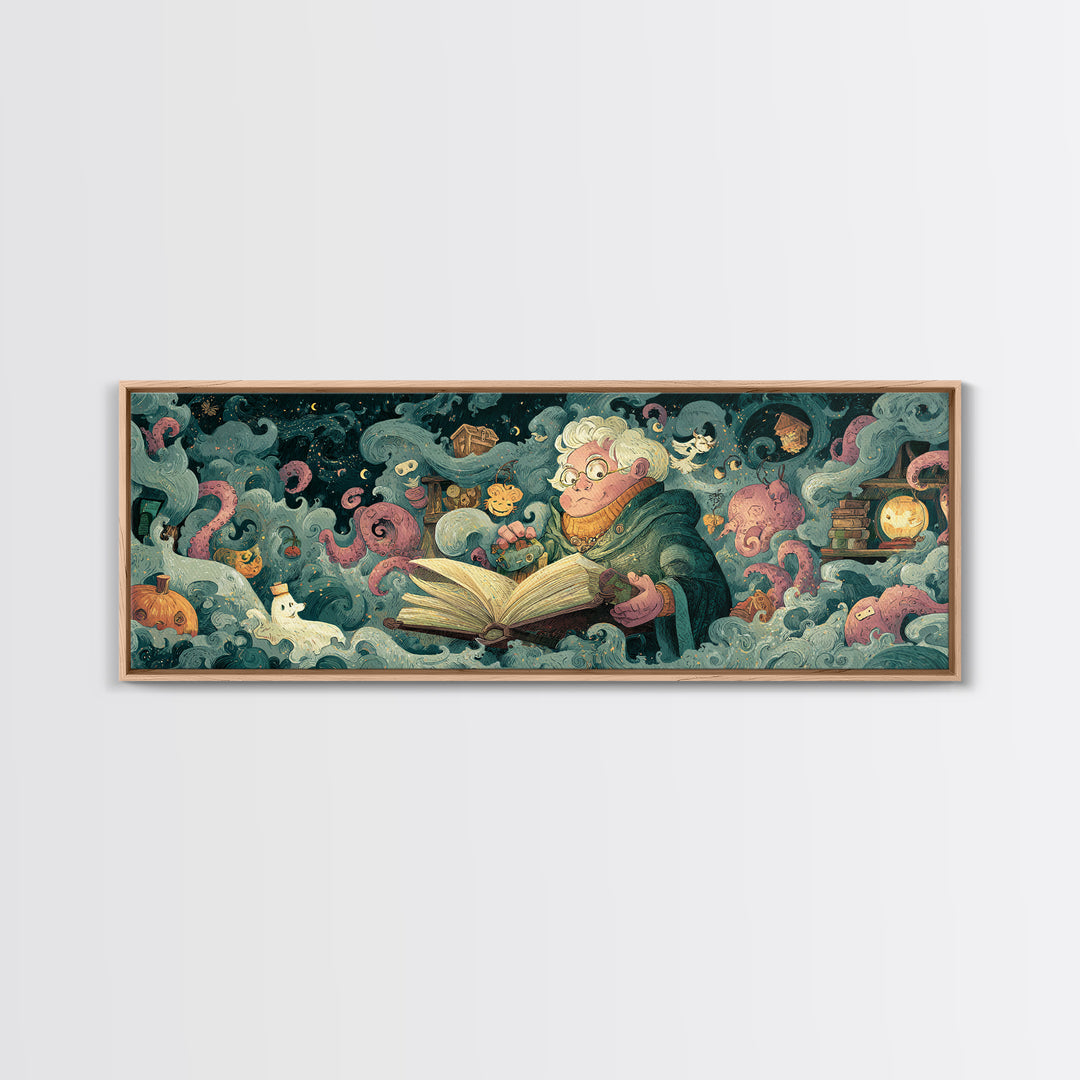 The Librarian Of Forbidden Tides, Plush Halloween Art, Extra Wide Wall Art, Canvas Print, Cute Halloween Wall Art