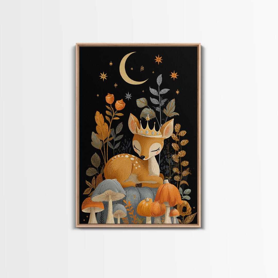 The Moon Princess Deer, Retro Halloween Art, Vertical Wall Art, Canvas Print, Cute Halloween Wall Art