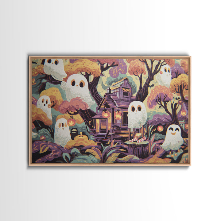 The Ghostly Treehouse, Screenprint Halloween Art, Landscape Wall Art, Framed Canvas Print, Cute Halloween Wall Art