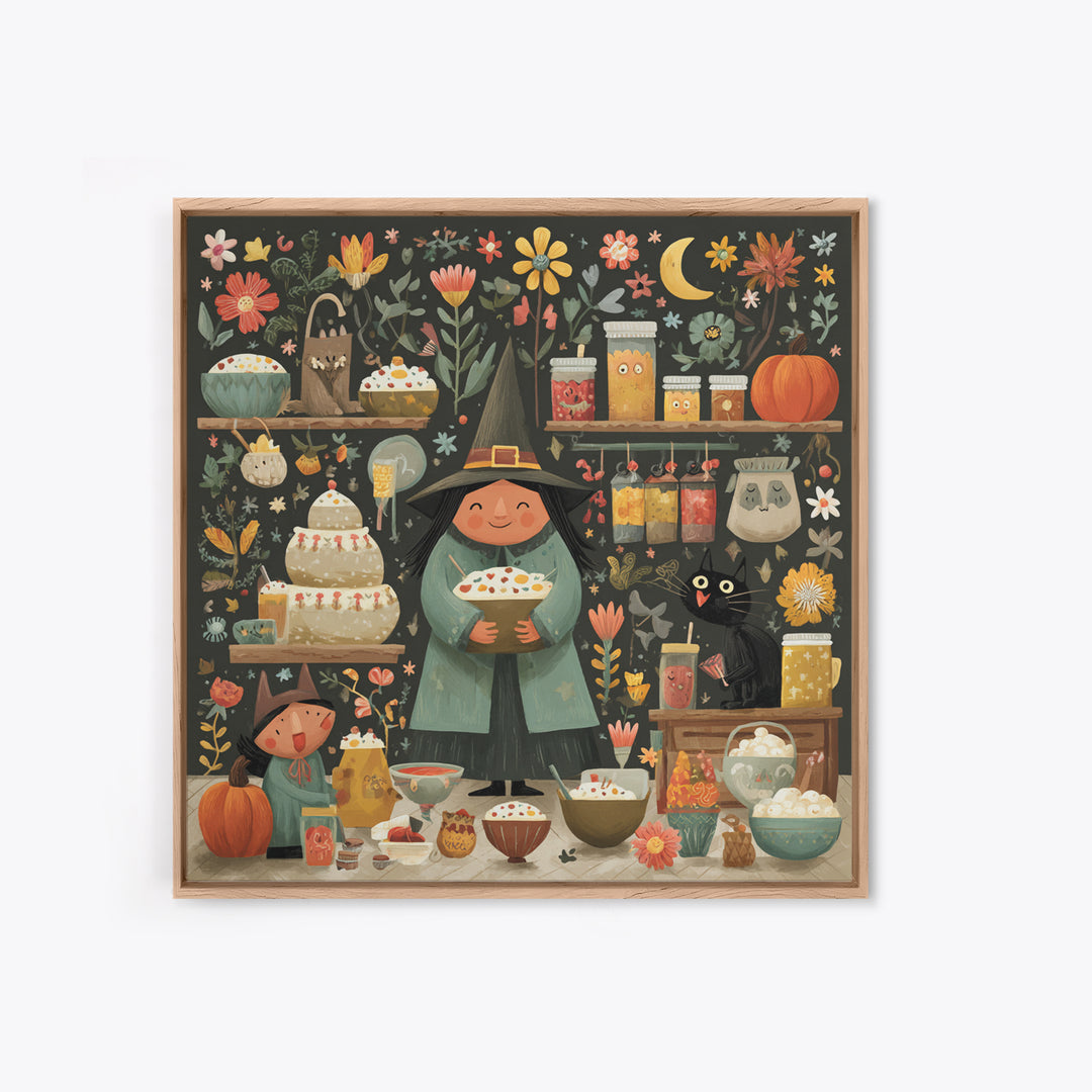 The Candy Witch'S Kitchen, Folk Halloween Art, Square Wall Art, Canvas Print, Cute Halloween Wall Art