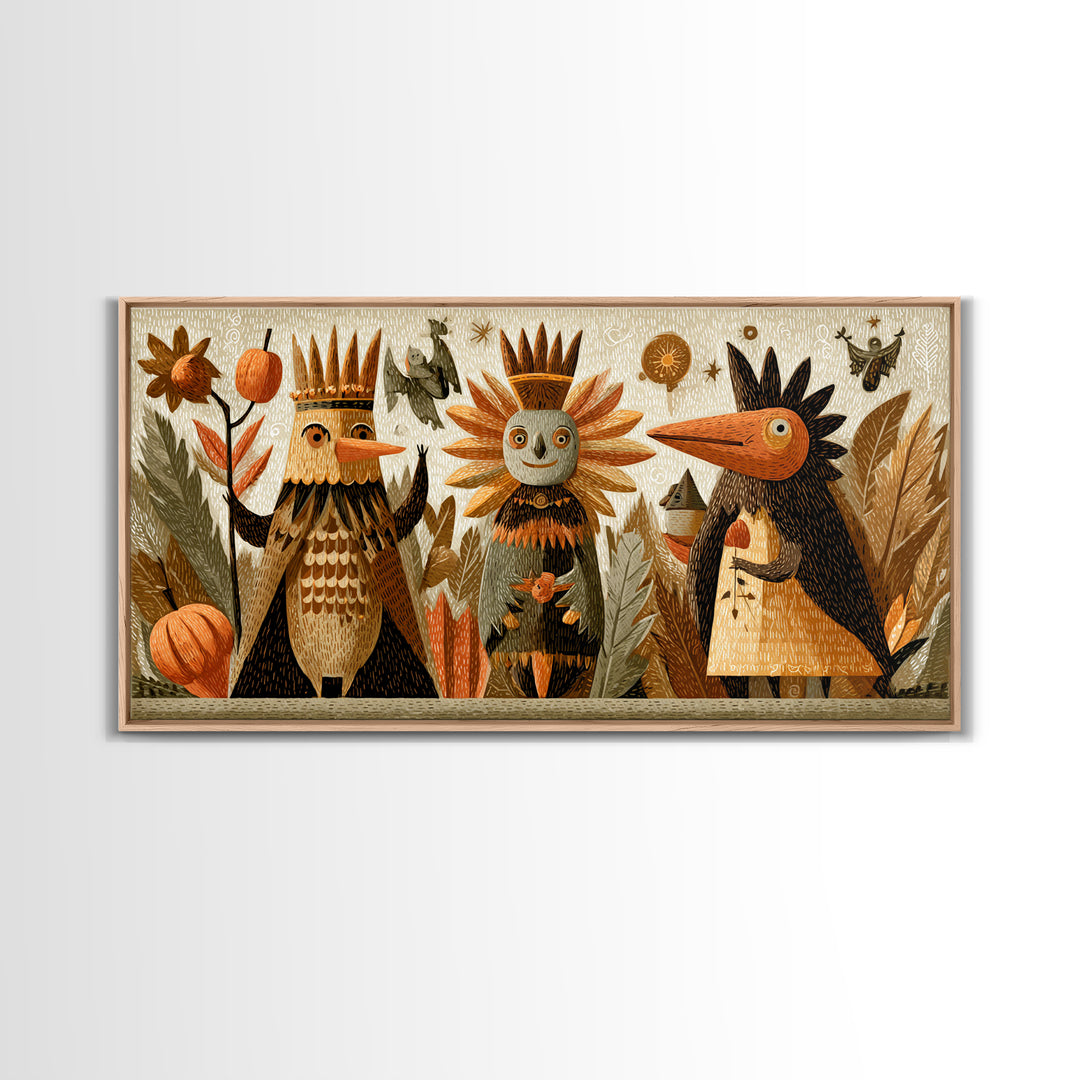 The Autumn Leaf Costume Contest, Linocut Halloween Art, Wide Panoramic Art, Framed Canvas Print, Cute Halloween Wall Art