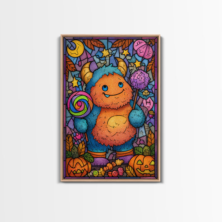 The Rainbow Monster, Stained Glass Halloween, Vertical Wall Art, Canvas Print, Cute Halloween Wall Art
