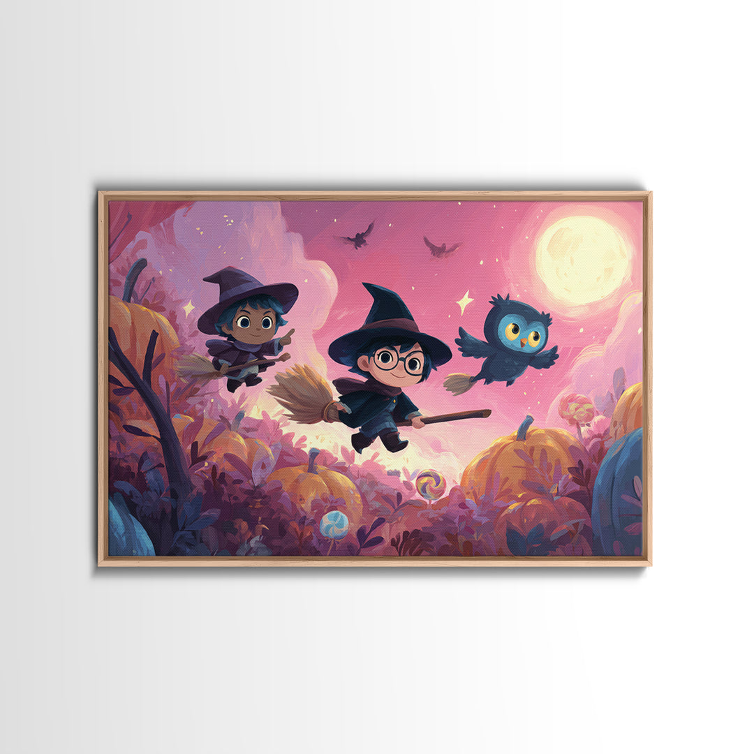 The Broomstick Riding Lesson, Vaporwave Halloween Art, Landscape Wall Art, Framed Canvas Print, Cute Halloween Wall Art