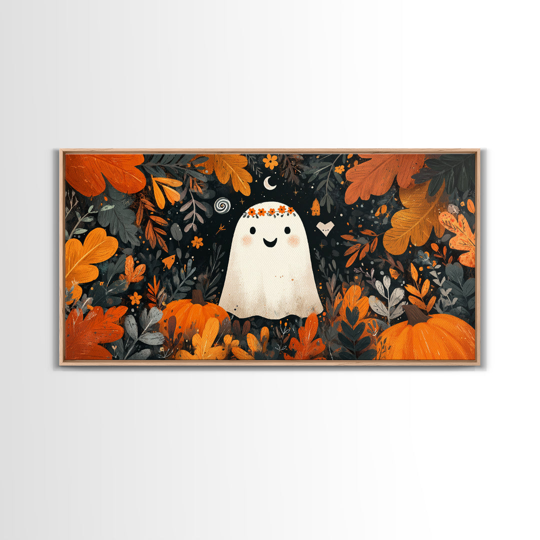 The Ghost With A Flower Crown, Vector Halloween Art, Wide Panoramic Art, Framed Canvas Print, Cute Halloween Wall Art