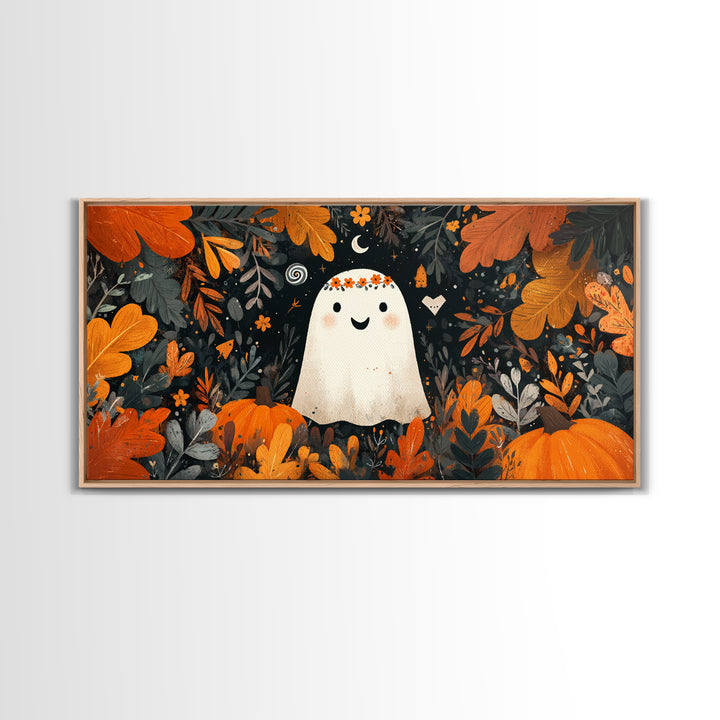 The Ghost With A Flower Crown, Vector Halloween Art, Wide Panoramic Art, Framed Canvas Print, Cute Halloween Wall Art
