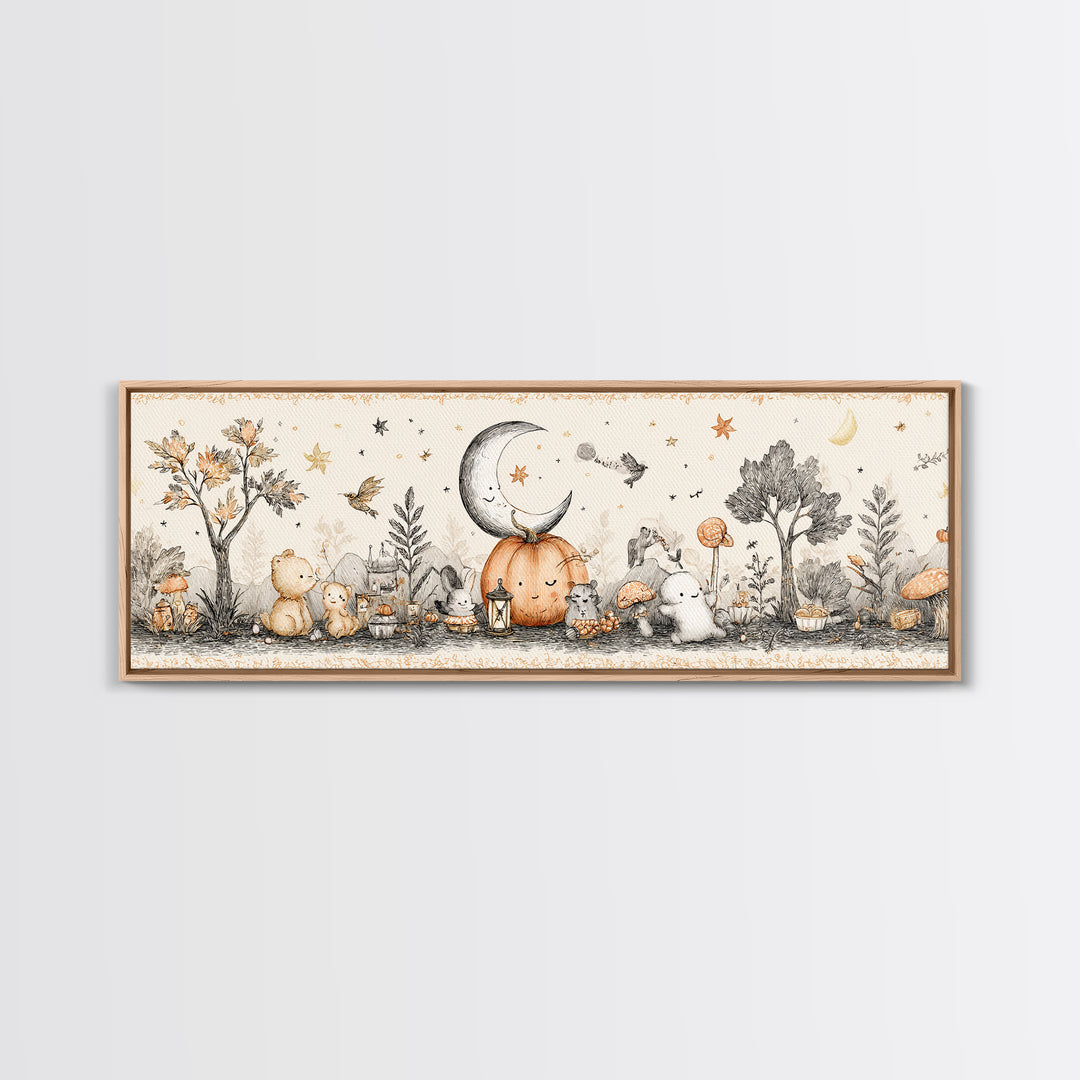The Smiling Moon Meadow, Hand Sketch Halloween Art, Extra Wide Wall Art, Canvas Print, Cute Halloween Wall Art