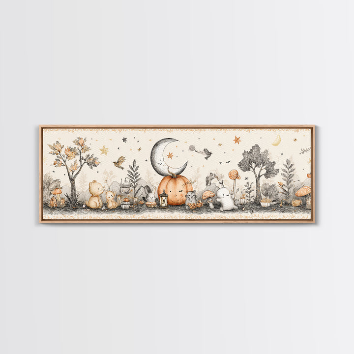 The Smiling Moon Meadow, Hand Sketch Halloween Art, Extra Wide Wall Art, Canvas Print, Cute Halloween Wall Art