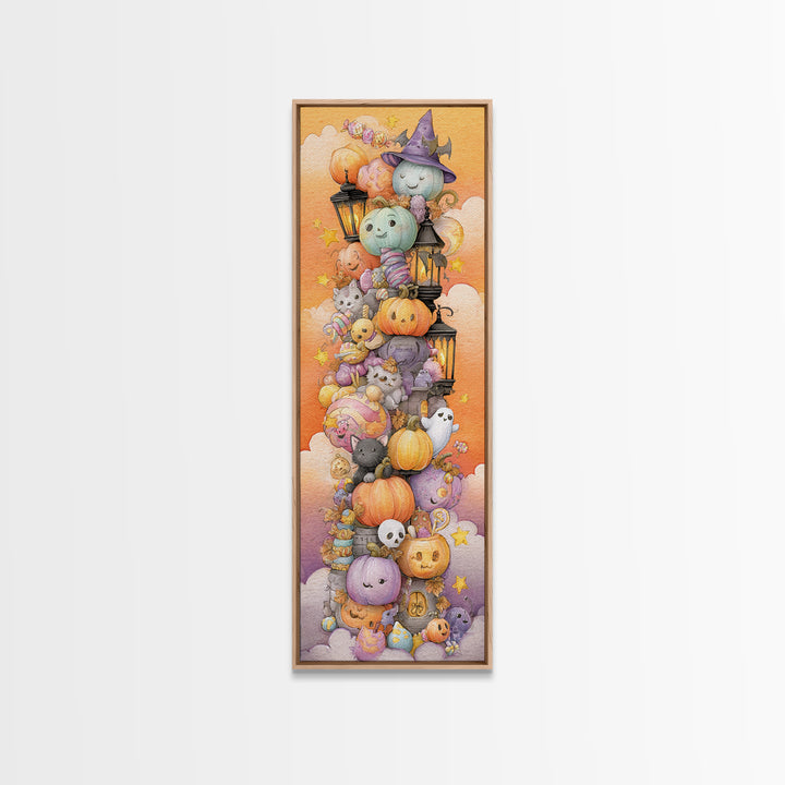 The Festival Of Friendly Frights, Watercolor Halloween Art, Tall Narrow Wall Art, Framed Canvas Print, Cute Halloween Wall Art