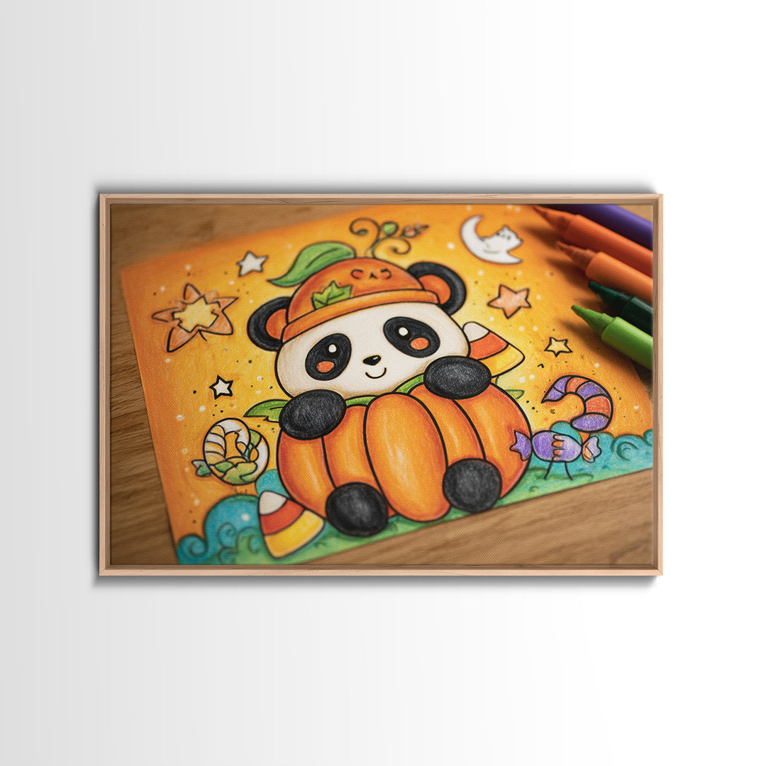 The Panda Pumpkin, Crayon Halloween Art, Landscape Wall Art, Framed Canvas Print, Cute Halloween Wall Art