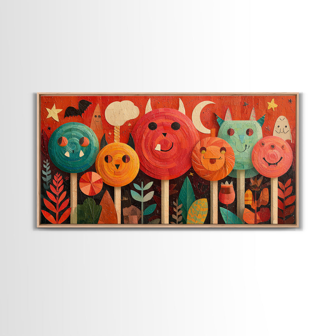 The Friendly Lollipop Monsters, Paper Collage Halloween, Wide Panoramic Art, Framed Canvas Print, Cute Halloween Wall Art