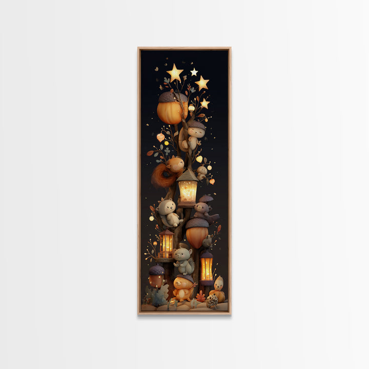 The Acorn Lantern Festival, Clay Halloween Art, Tall Narrow Wall Art, Framed Canvas Print, Cute Halloween Wall Art