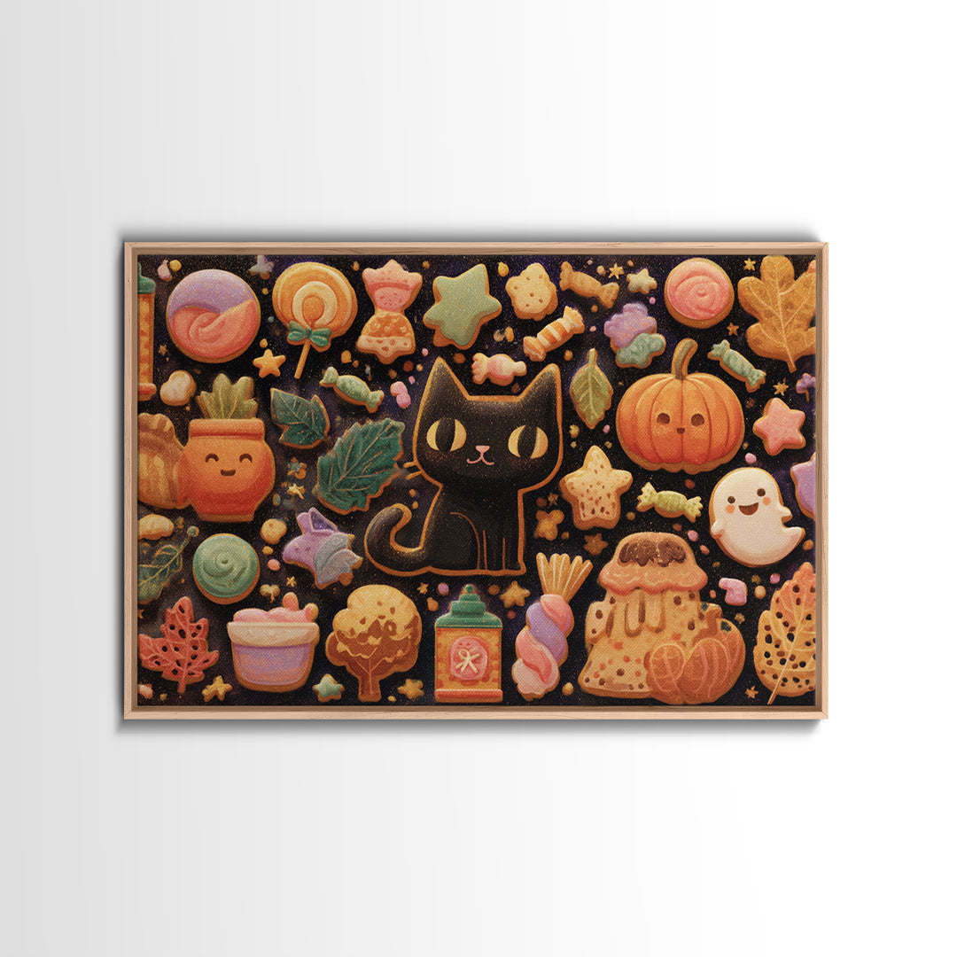 The Black Cat Baker, Kawaii Halloween Art, Landscape Wall Art, Framed Canvas Print, Cute Halloween Wall Art