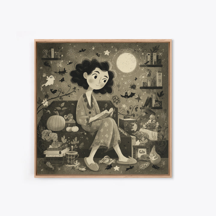 The Moonlight Pajama Witch, Retro Halloween Art, Square Wall Art, Canvas Print, Cute Halloween Wall Art