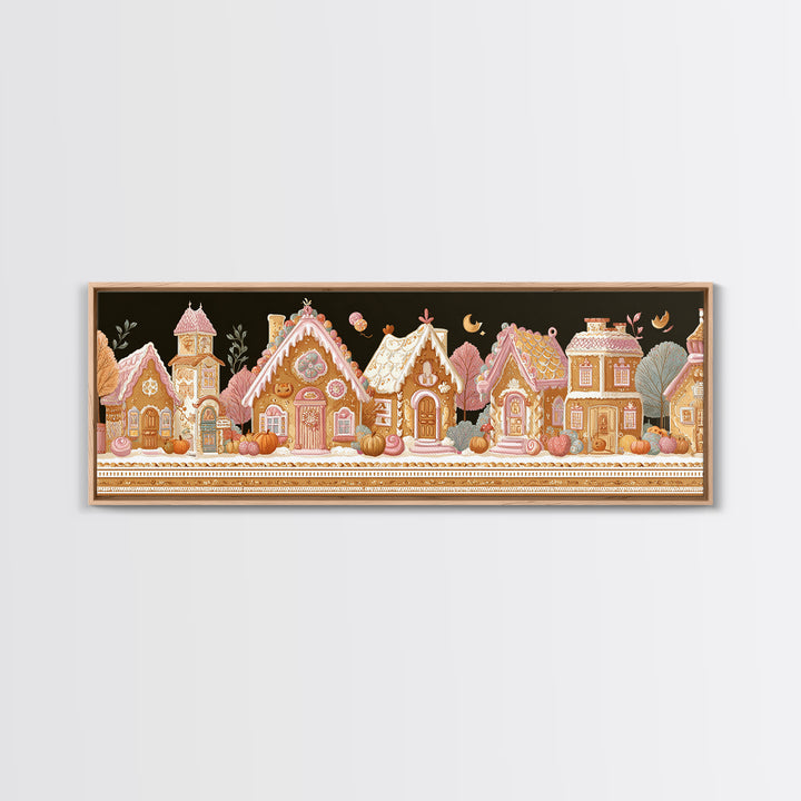 The Halloween Gingerbread Village, Folk Halloween Art, Extra Wide Wall Art, Canvas Print, Cute Halloween Wall Art, Storybook Decor