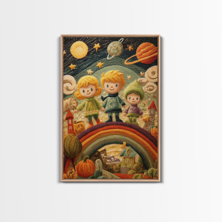 The Parade Across The Stars, Embroidered Halloween Art, Vertical Wall Art, Canvas Print, Cute Halloween Wall Art