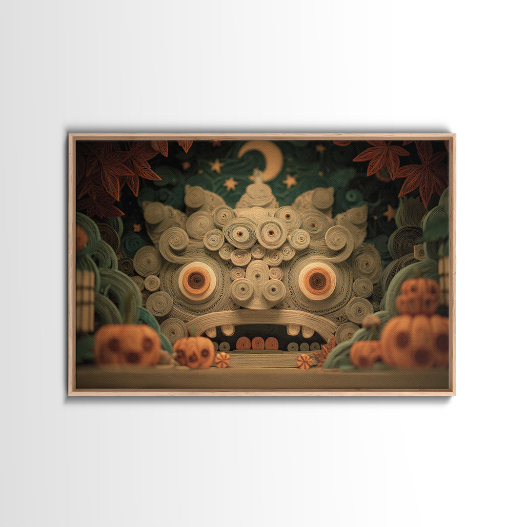 The Custodian Of The Whispering Idol, Quilled Halloween Art, Landscape Wall Art, Framed Canvas Print, Cute Halloween Wall Art
