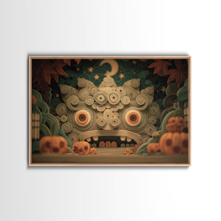 The Custodian Of The Whispering Idol, Quilled Halloween Art, Landscape Wall Art, Framed Canvas Print, Cute Halloween Wall Art