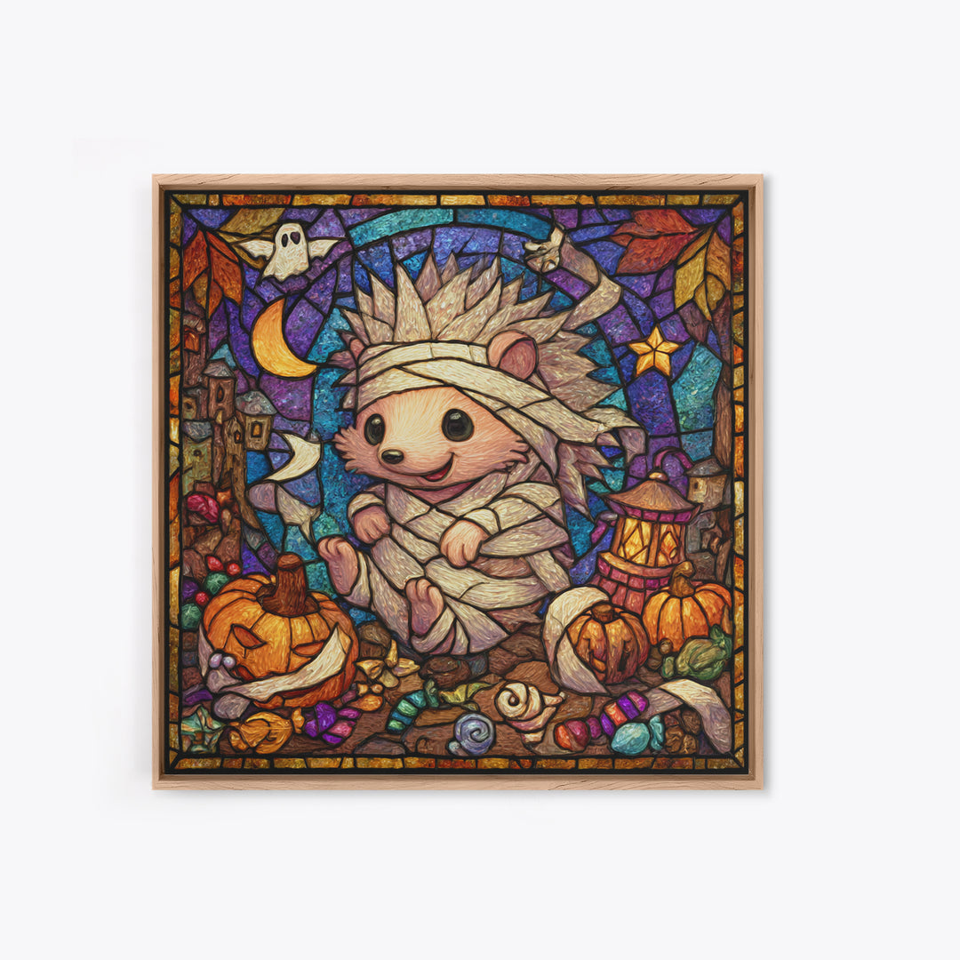 The Hedgehog Mummy, Stained Glass Halloween, Square Wall Art, Canvas Print, Cute Halloween Wall Art, Halloween Kids Decor