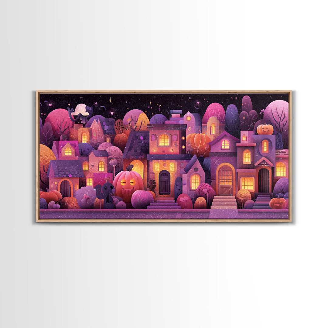 Pumpkin Cottage Lane, Vaporwave Halloween Art, Wide Panoramic Art, Framed Canvas Print, Cute Halloween Wall Art