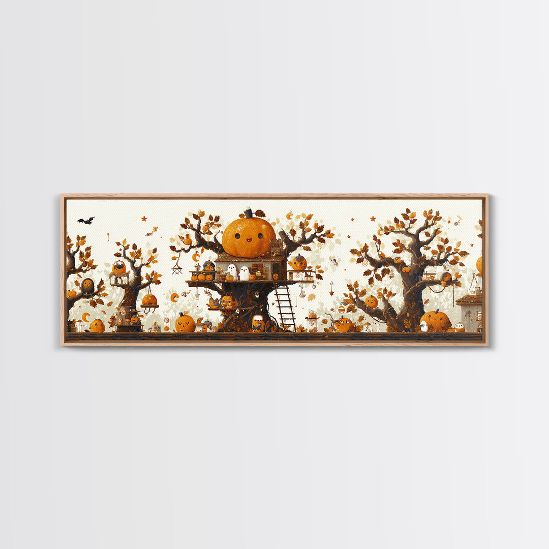 The Pumpkin Treehouse, Pixel Halloween Art, Extra Wide Wall Art, Canvas Print, Cute Halloween Wall Art