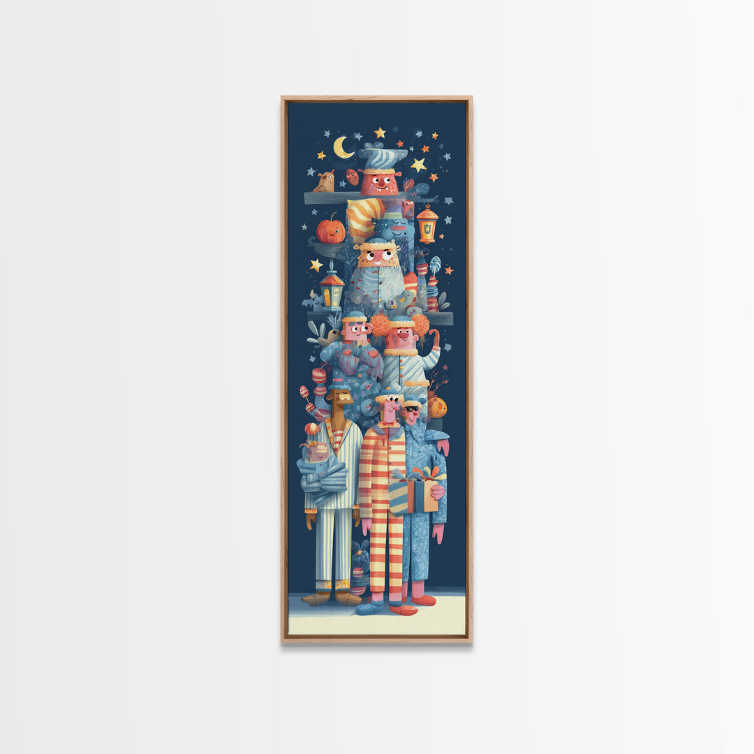 The Monster Pajama Parade, Vector Halloween Art, Tall Narrow Wall Art, Framed Canvas Print, Cute Halloween Wall Art