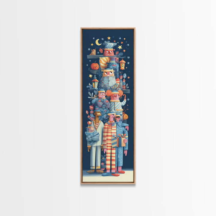 The Monster Pajama Parade, Vector Halloween Art, Tall Narrow Wall Art, Framed Canvas Print, Cute Halloween Wall Art