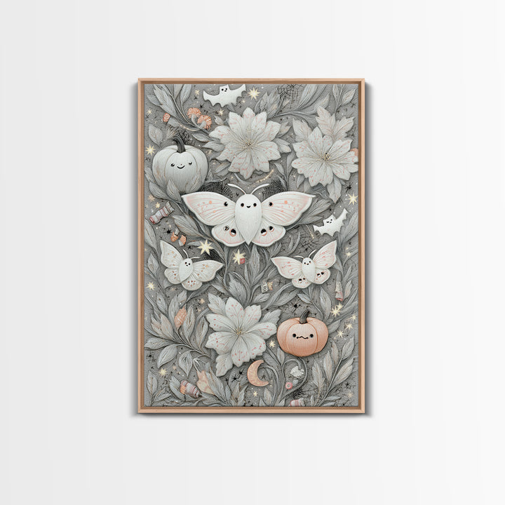 The Moon-Moth Garden, Hand Sketch Halloween Art, Vertical Wall Art, Canvas Print, Cute Halloween Wall Art
