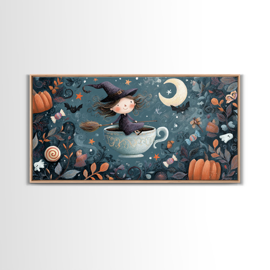 The Teacup Witch, Crayon Halloween Art, Wide Panoramic Art, Framed Canvas Print, Cute Halloween Wall Art