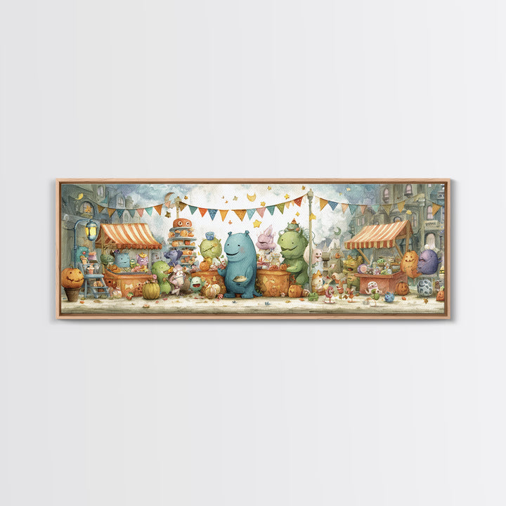 The Friendly Monster Market, Pastel Halloween Art, Extra Wide Wall Art, Canvas Print, Cute Halloween Wall Art