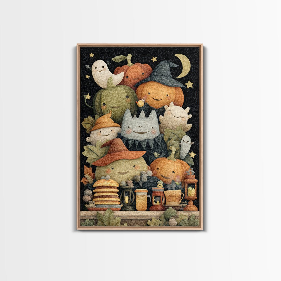 The Pumpkin Pancake Breakfast, Felt Halloween Art, Vertical Wall Art, Canvas Print, Cute Halloween Wall Art