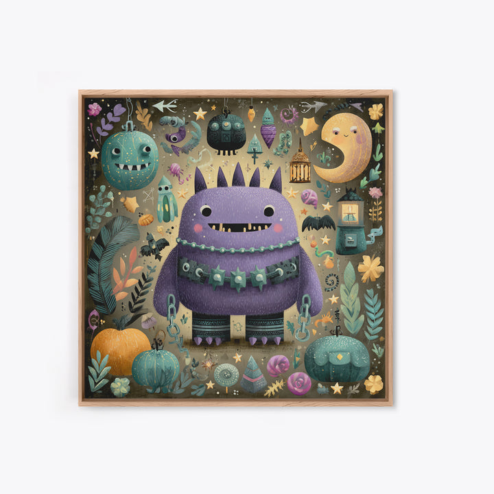 The Moonlit Shoggoth Menagerie, Plush Halloween Art, Square Wall Art, Canvas Print, Cute Halloween Wall Art