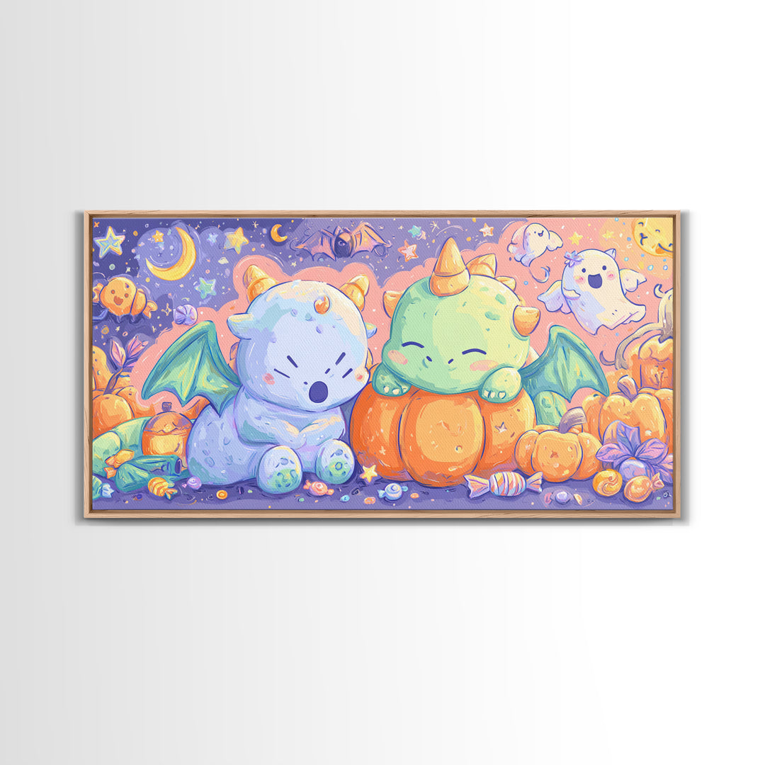 The Sleepy Costume Dragon, Kawaii Halloween Art, Wide Panoramic Art, Framed Canvas Print, Cute Halloween Wall Art