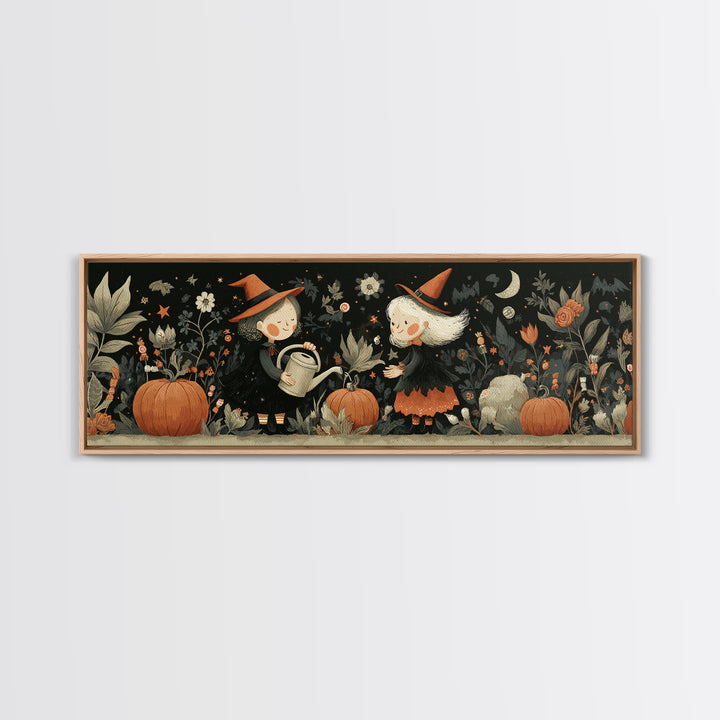 The Moon Garden Witch, Retro Halloween Art, Extra Wide Wall Art, Canvas Print, Cute Halloween Wall Art