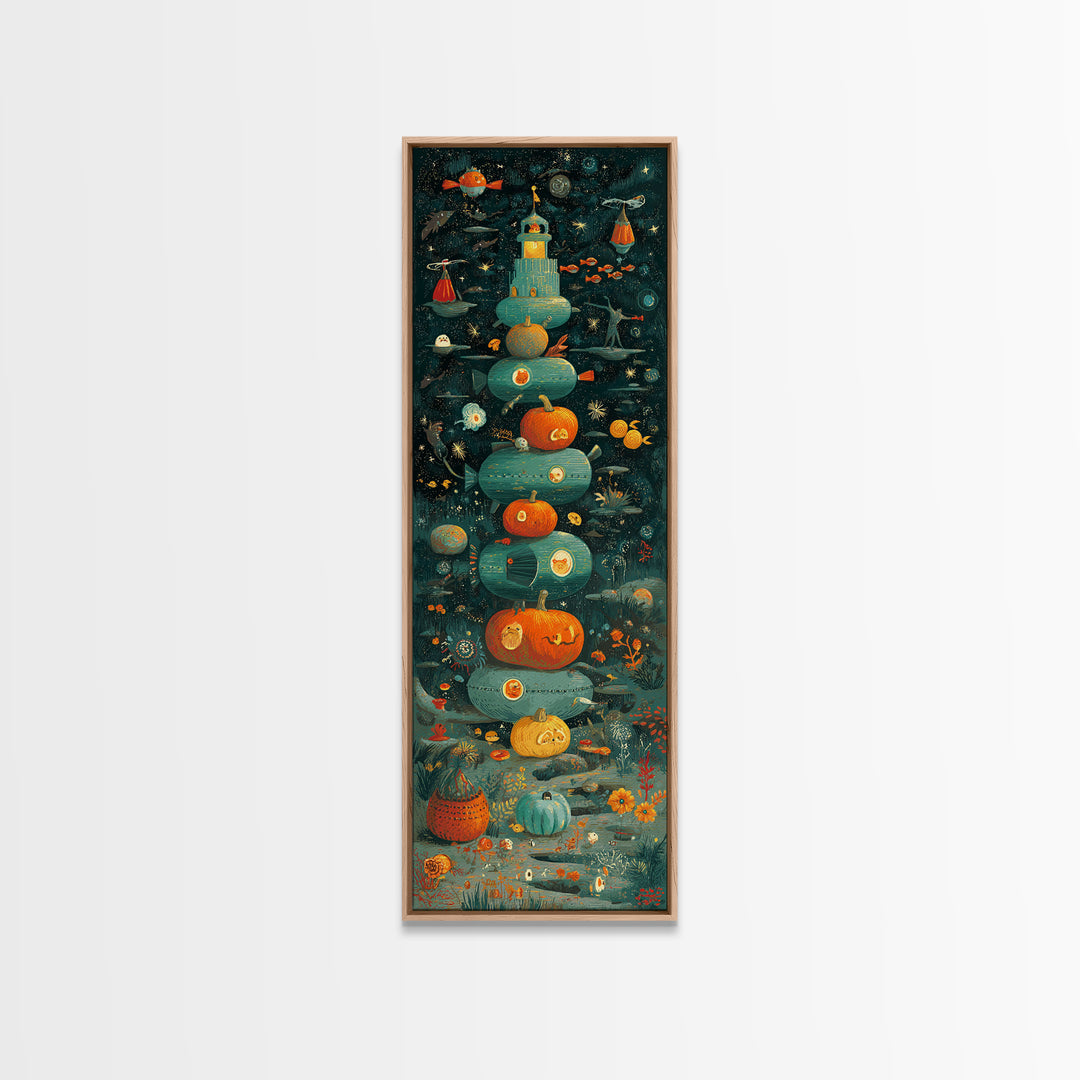 The Pumpkin Submarine, Screenprint Halloween Art, Tall Narrow Wall Art, Framed Canvas Print, Cute Halloween Wall Art