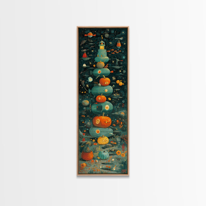The Pumpkin Submarine, Screenprint Halloween Art, Tall Narrow Wall Art, Framed Canvas Print, Cute Halloween Wall Art