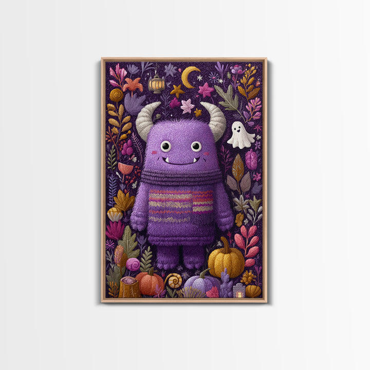 The Fuzzy Purple Monster, Folk Halloween Art, Vertical Wall Art, Canvas Print, Cute Halloween Wall Art