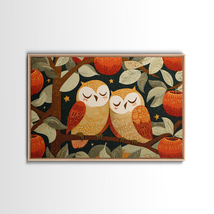 The Sleepy Owl Orchard, Linocut Halloween Art, Landscape Wall Art, Framed Canvas Print, Cute Halloween Wall Art