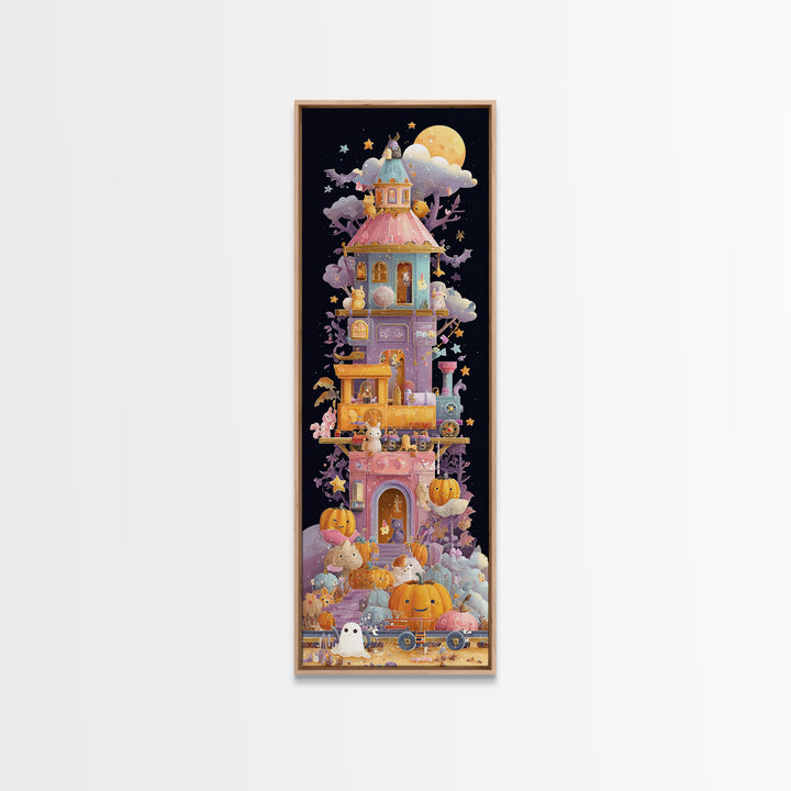 The Pumpkin Train Station, Vaporwave Halloween Art, Tall Narrow Wall Art, Framed Canvas Print, Cute Halloween Wall Art