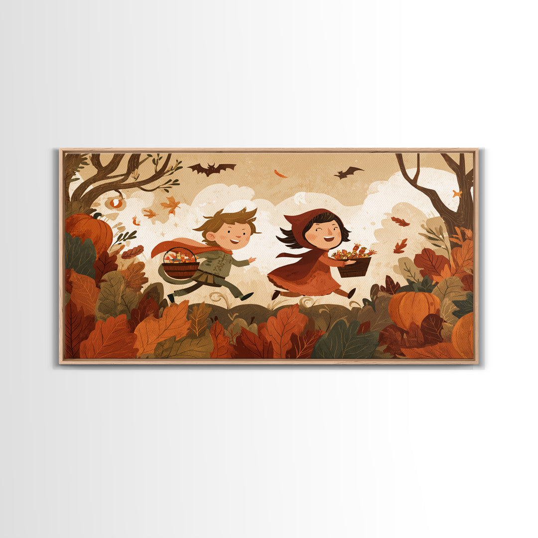 The Candy Bucket Relay Race, Vector Halloween Art, Landscape Wall Art, Framed Canvas Print, Cute Halloween Wall Art, Storybook Decor