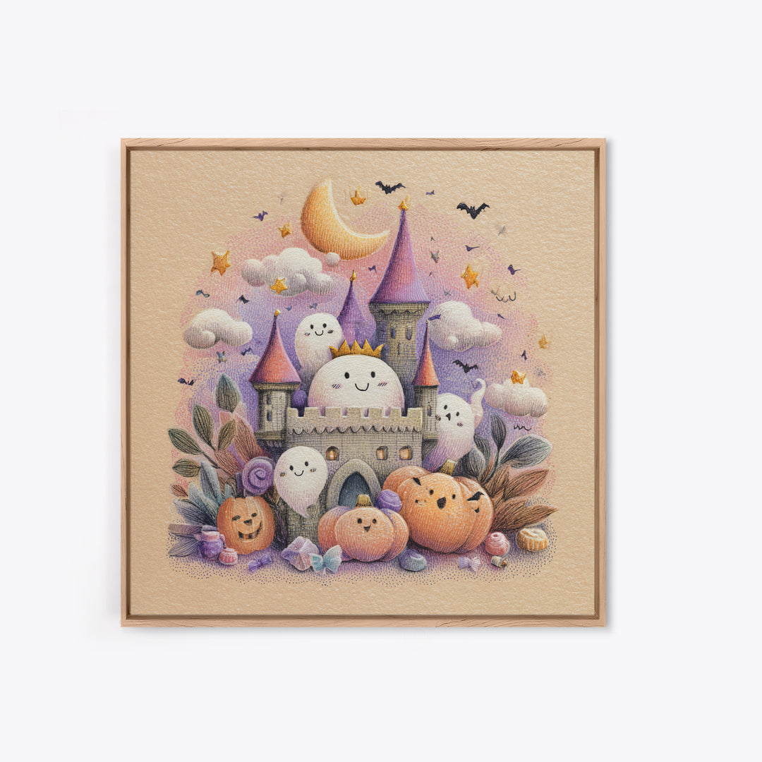 The Halloween Cloud Castle, Hand Sketch Halloween Art, Square Wall Art, Canvas Print, Cute Halloween Wall Art