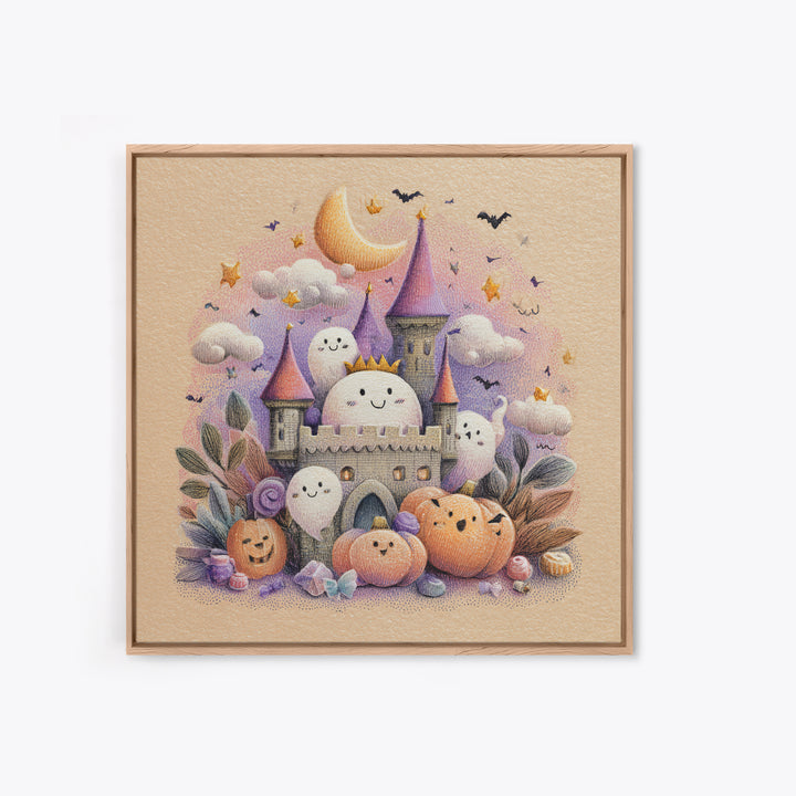 The Halloween Cloud Castle, Hand Sketch Halloween Art, Square Wall Art, Canvas Print, Cute Halloween Wall Art