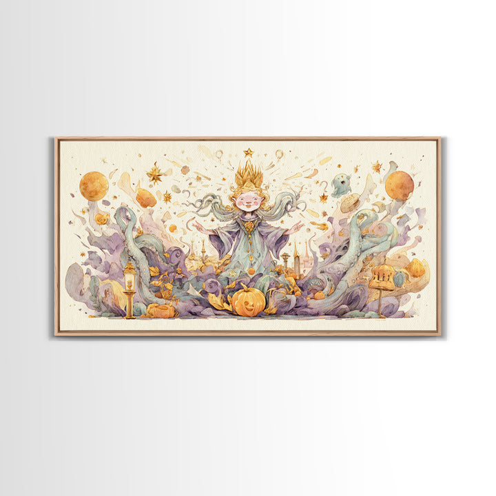 The Crown Of The Tentacled Saint, Watercolor Halloween Art, Wide Panoramic Art, Framed Canvas Print, Cute Halloween Wall Art