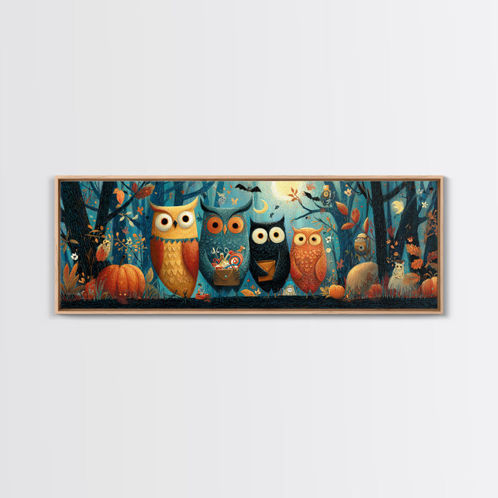 The Owl Postmaster, Gouache Halloween Art, Extra Wide Wall Art, Canvas Print, Cute Halloween Wall Art