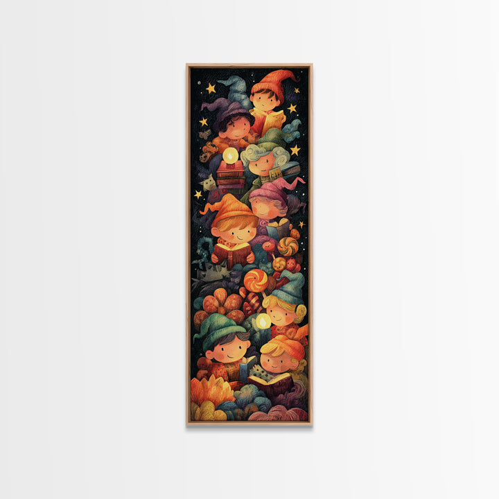 The Spellbook Sleepover, Crayon Halloween Art, Tall Narrow Wall Art, Framed Canvas Print, Cute Halloween Wall Art