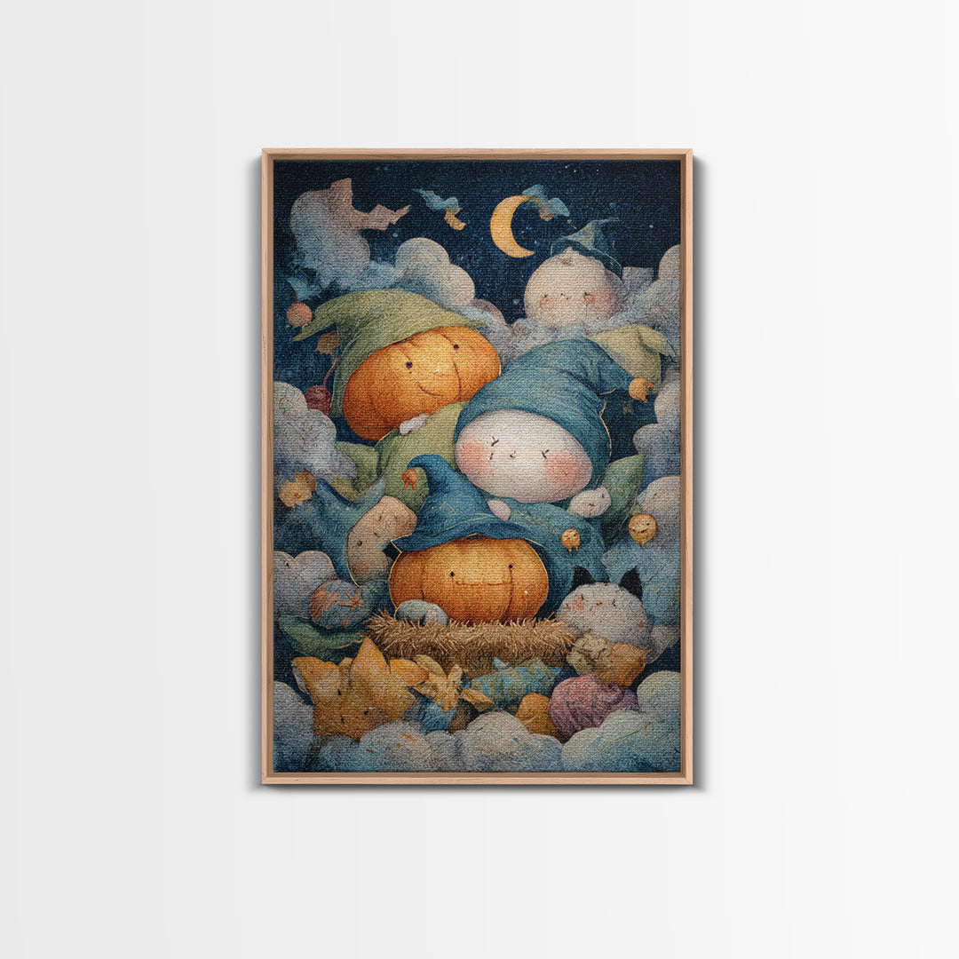 The Pumpkin Pajama Party, Pastel Halloween Art, Vertical Wall Art, Canvas Print, Cute Halloween Wall Art